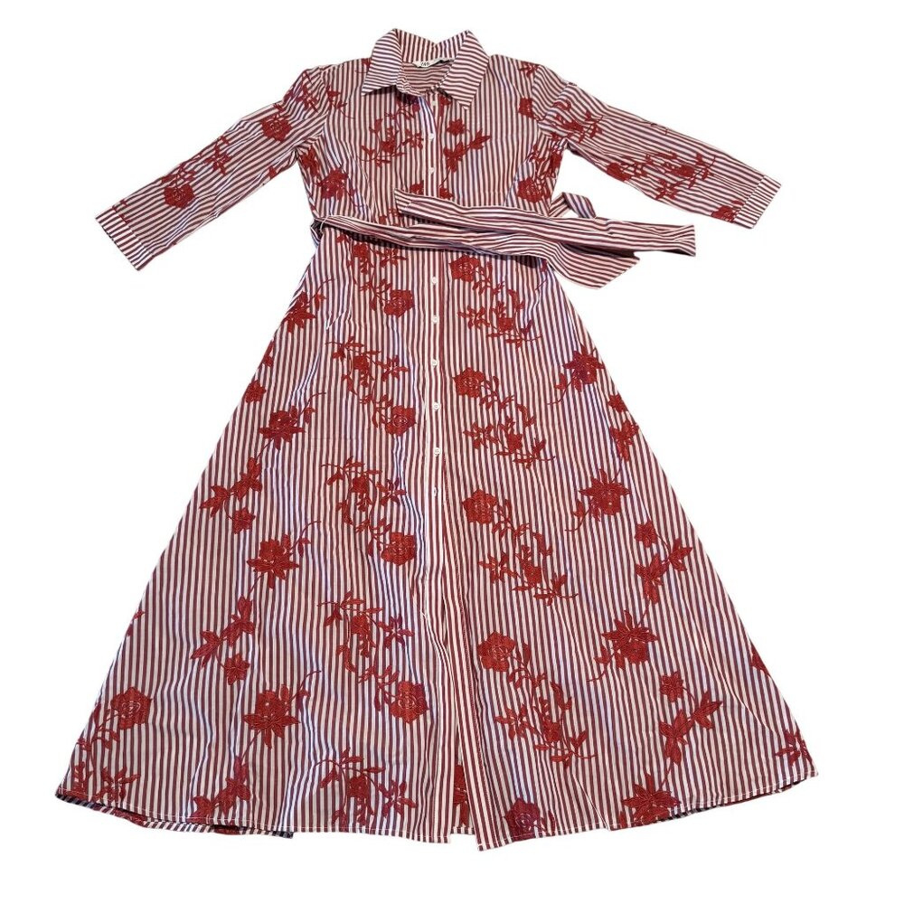 Zara Red White Striped Floral Long Sleeve Belted Midi Dress Women's Small S